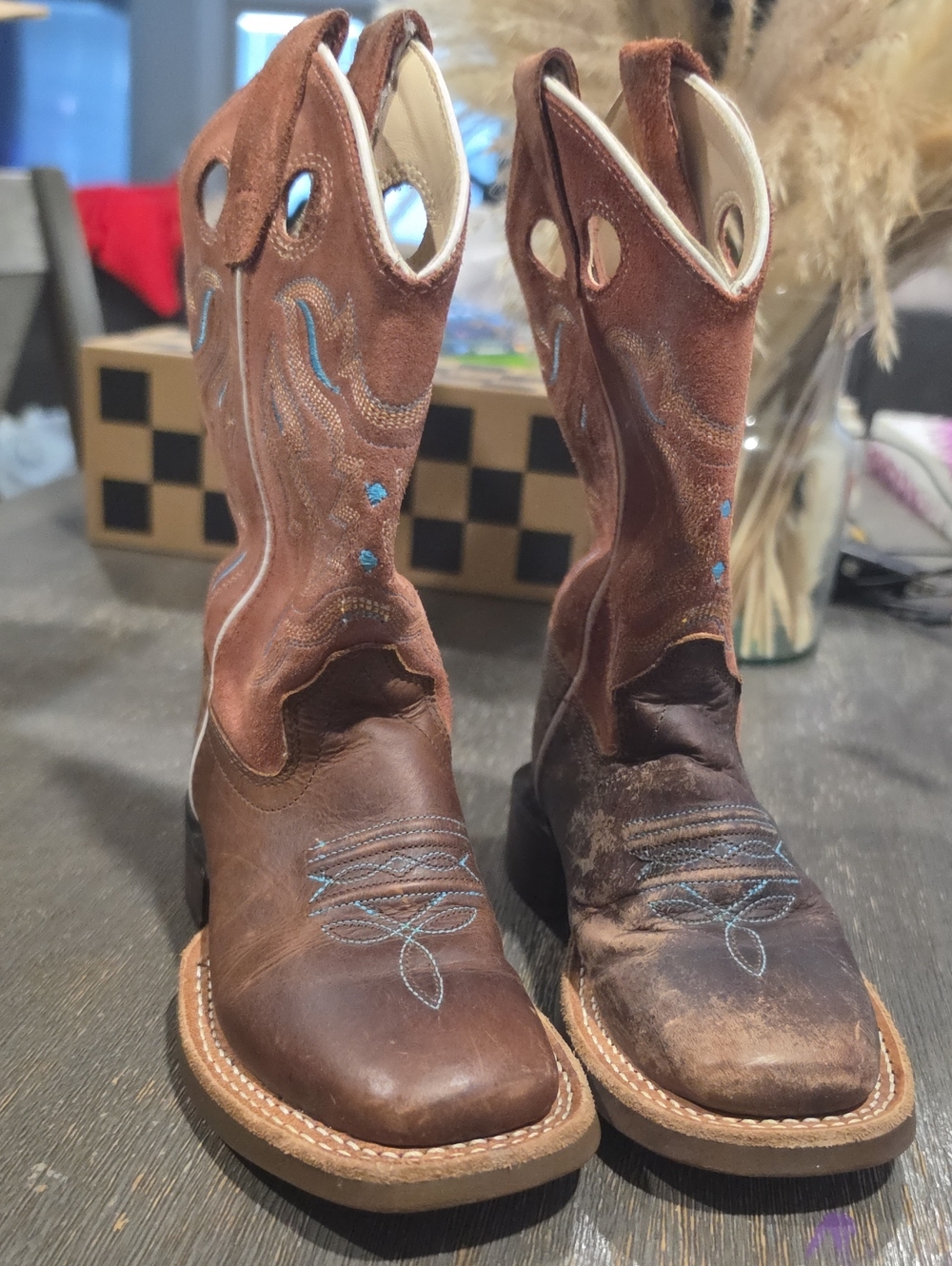 Youth Boys Brown Suede & Leather Western Boots with Blue Stitching